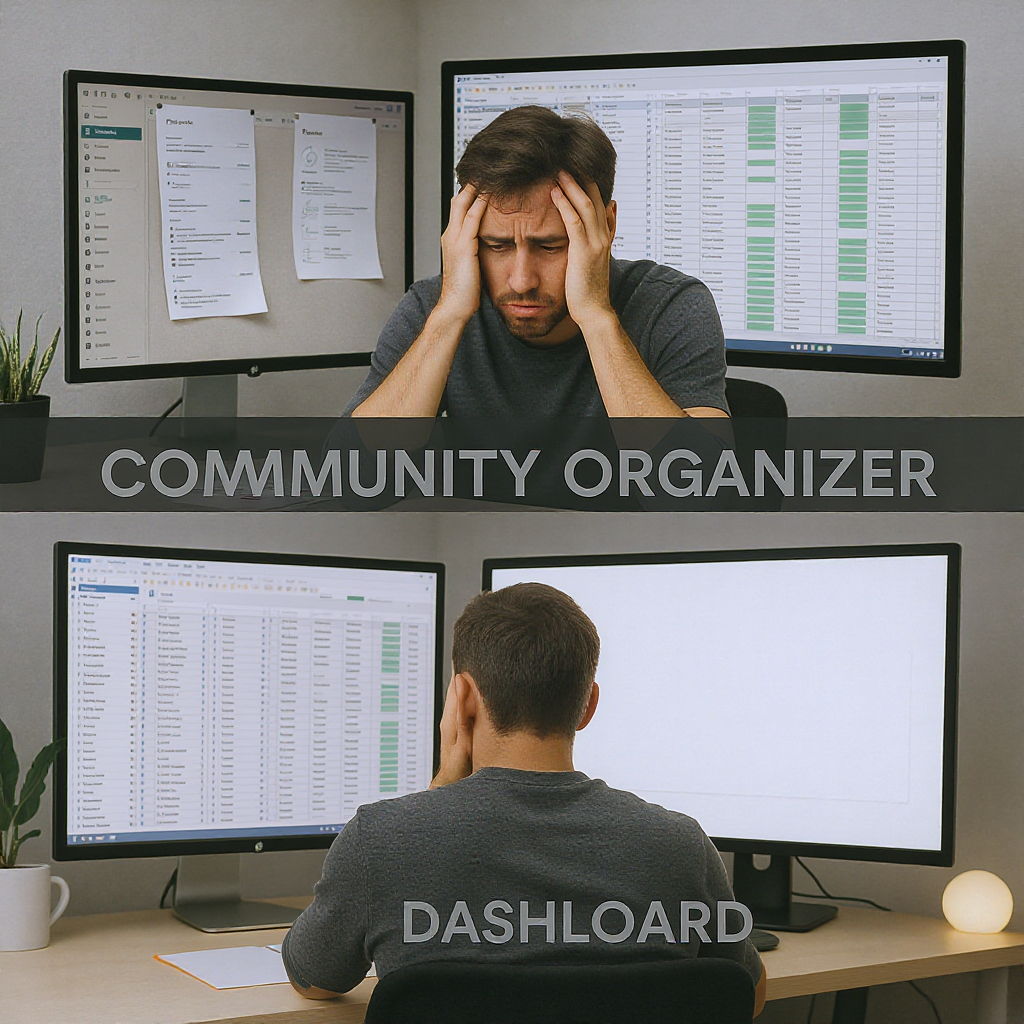 A frustrated community organizer sitting at a desk with multiple screens showing cluttered spreadsheets, contrasted with...