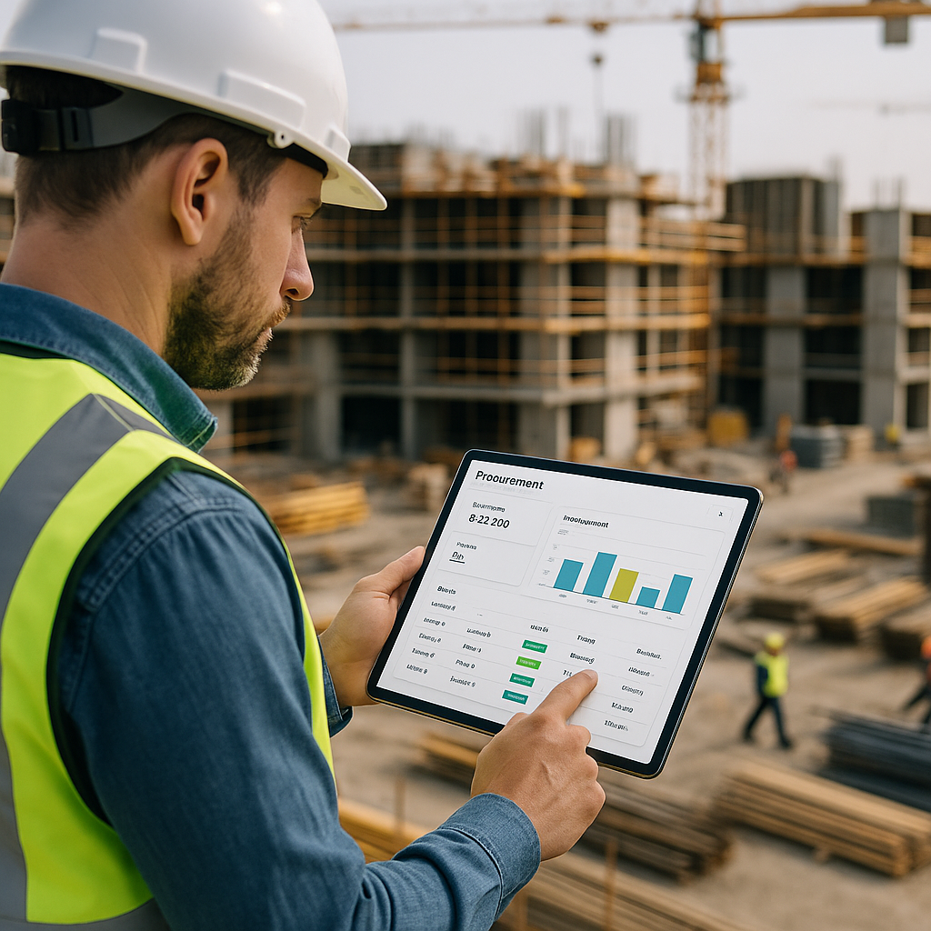 A construction project manager reviewing a streamlined digital procurement dashboard on a tablet, with the background sh...
