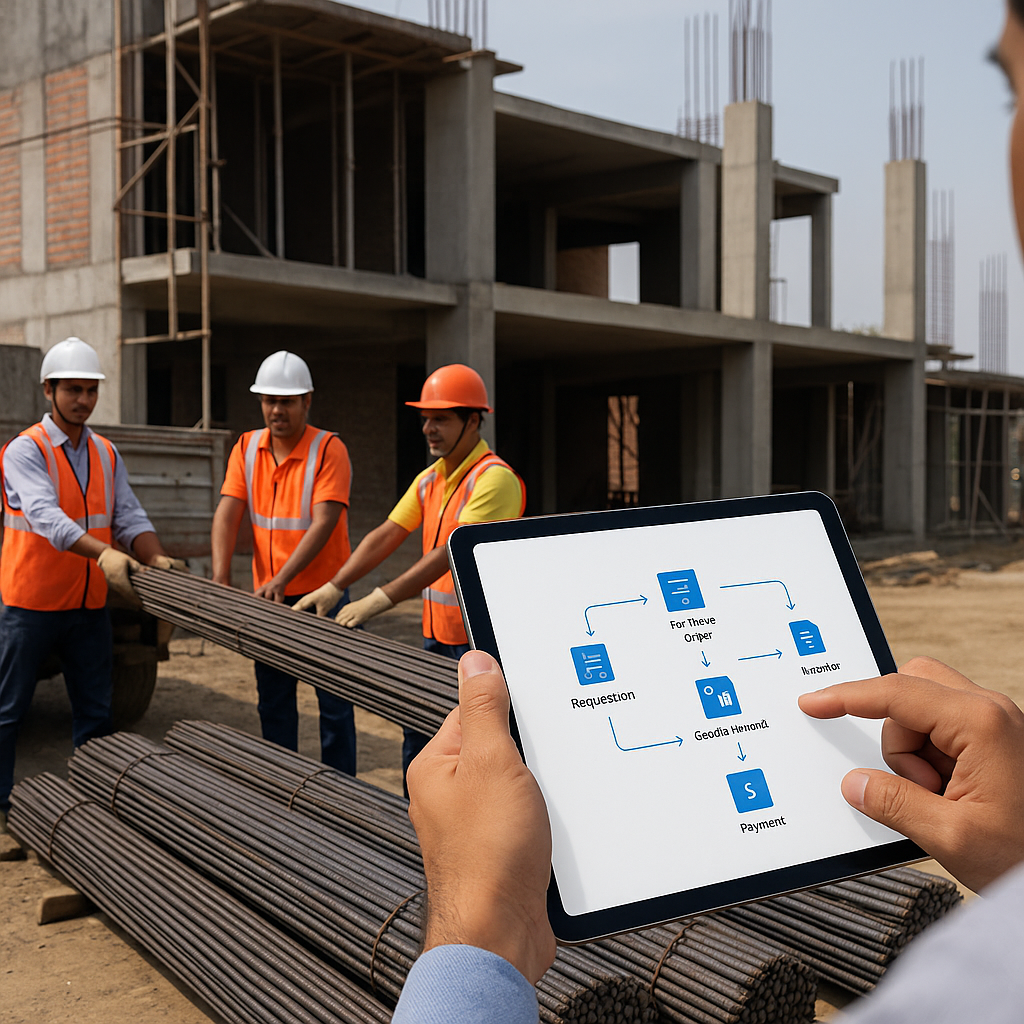 An Indian construction site with workers managing a shipment of construction materials, a tablet showing a digital procu...