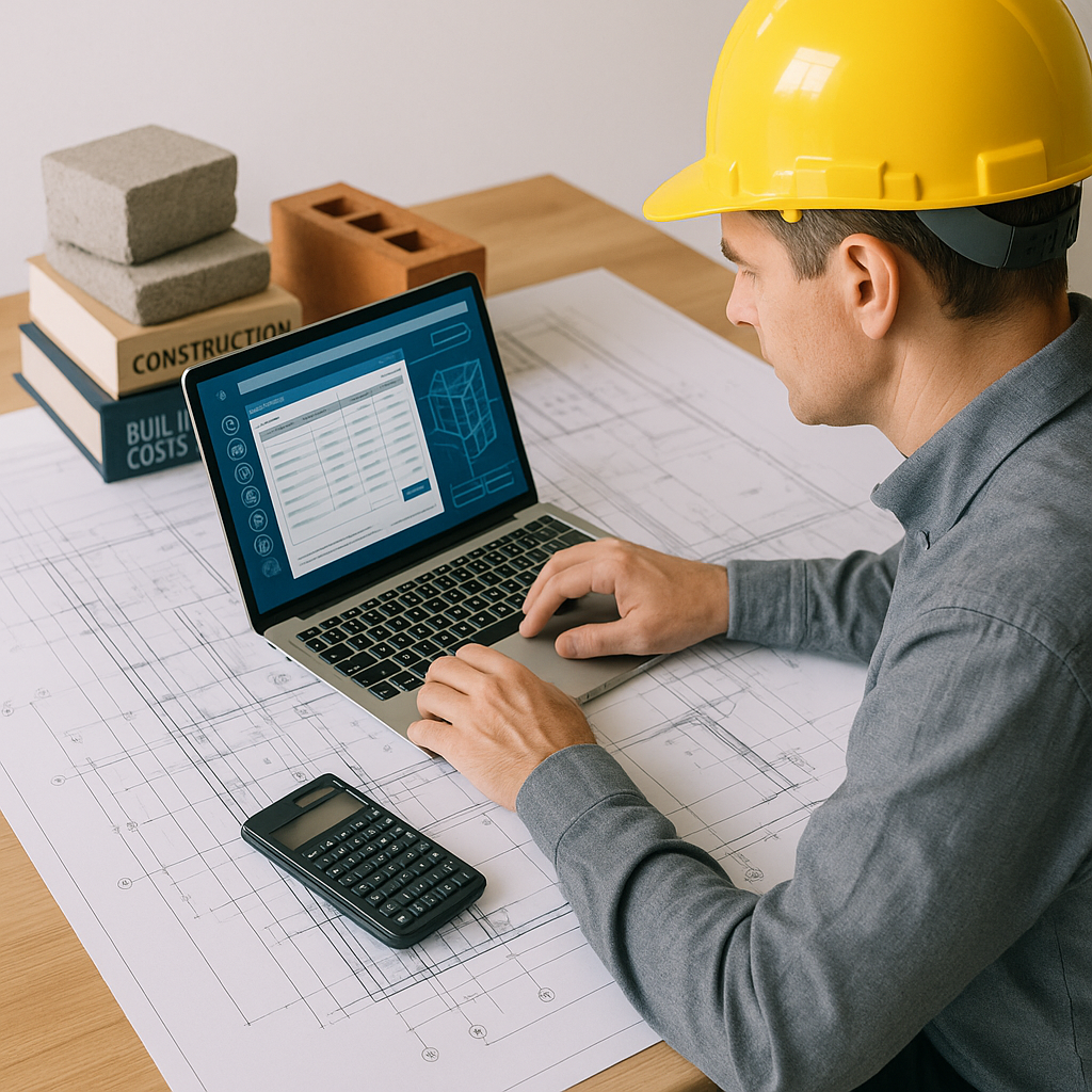 A construction estimator using a laptop with blueprints and a digital tool interface, surrounded by building materials a...