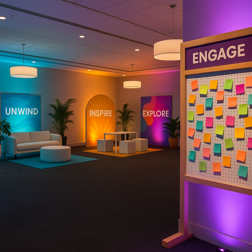 A vibrant event setup inspired by Hilton Birmingham Metropole: themed zones with colorful lighting, immersive decor, and...