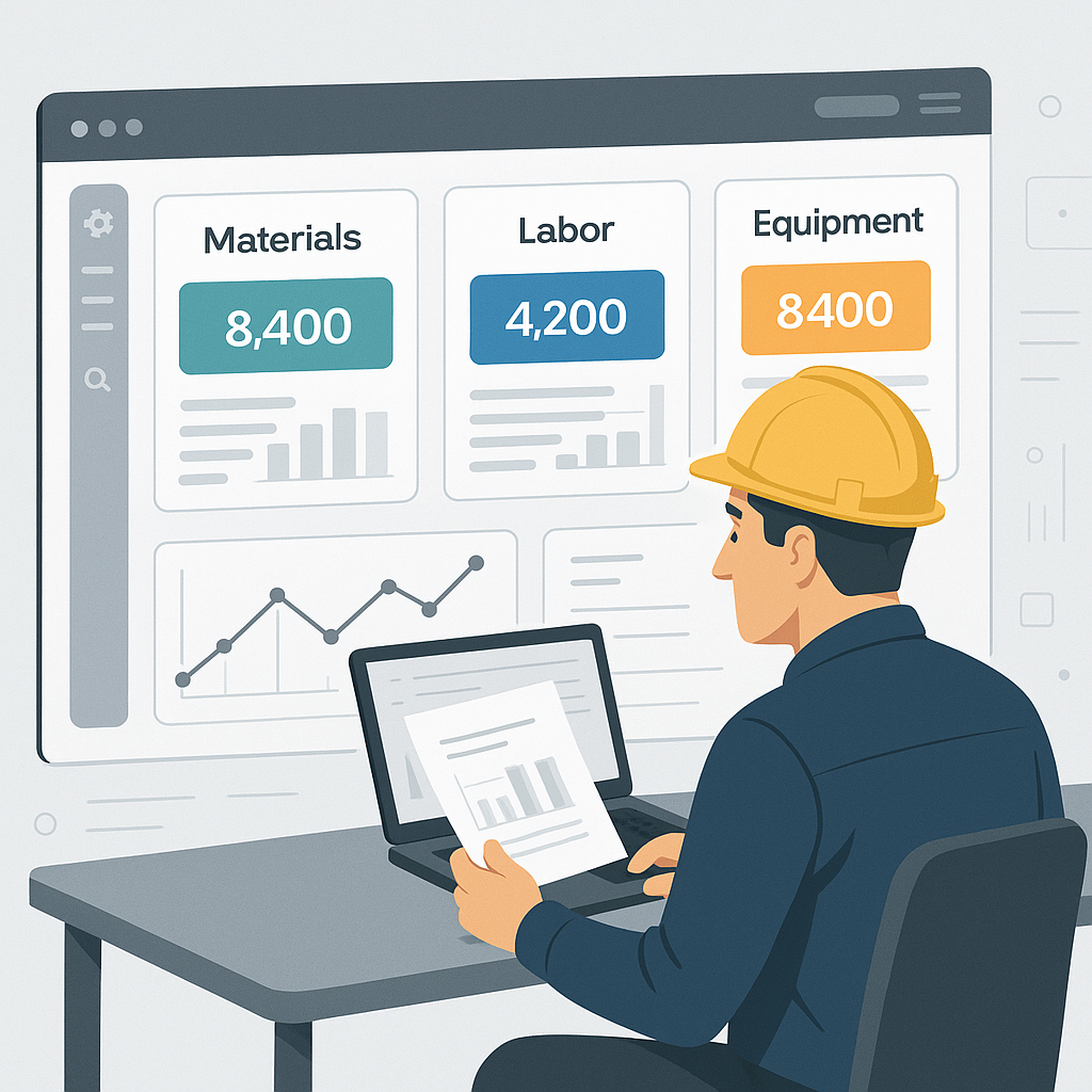 A construction estimator analyzing a digital dashboard with highlighted rate breakdowns for materials, labor, and equipm...