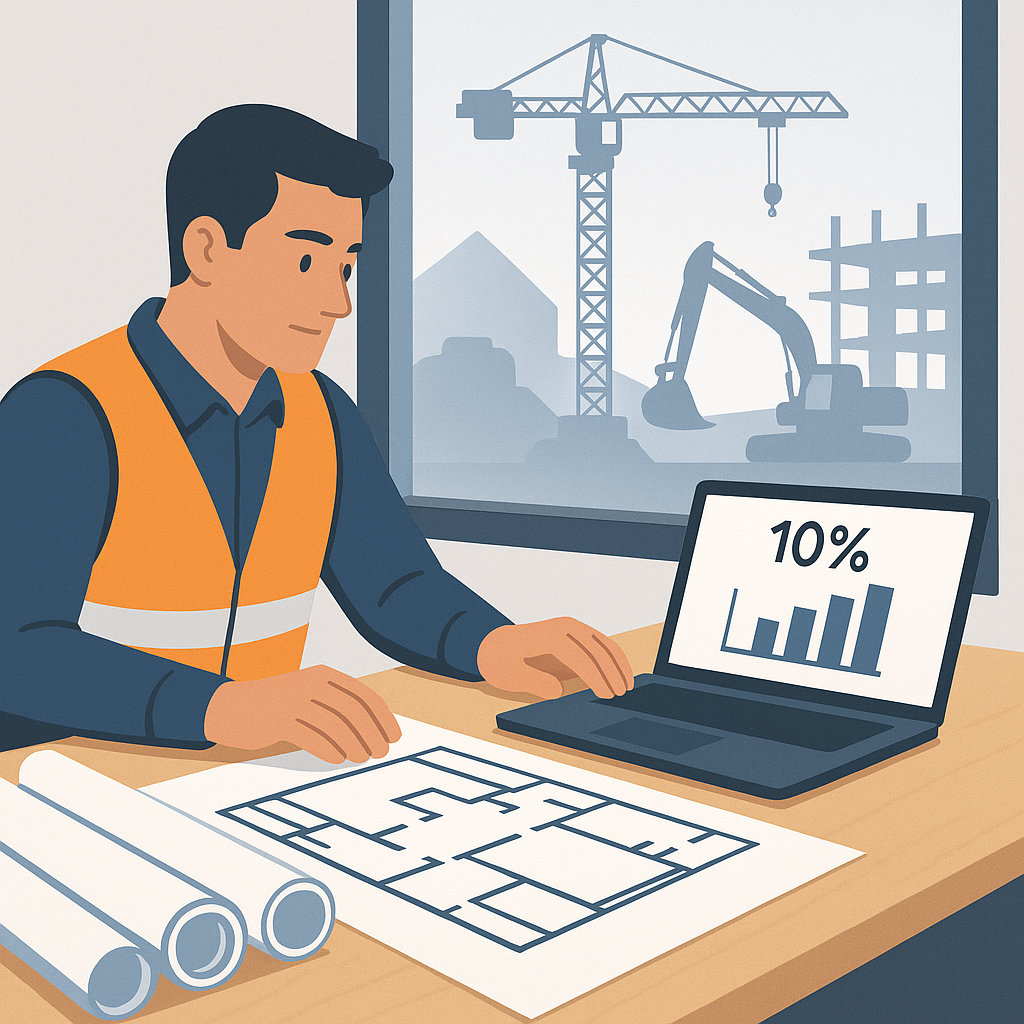 A digital illustration of a contractor at a desk, surrounded by blueprints and a laptop showing a profit margin calculat...