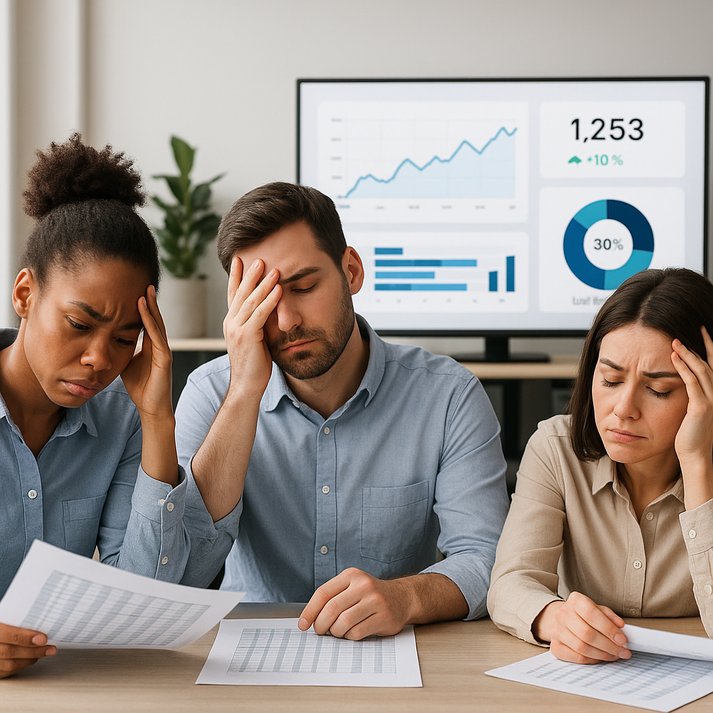 An office team looking frustrated with spreadsheets, contrasted with a modern dashboard on a screen showing real-time me...