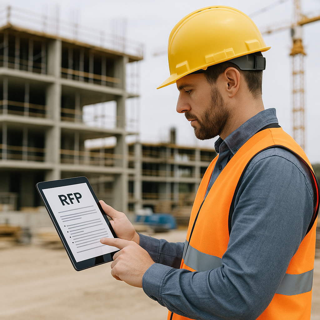 A contractor on-site holding a tablet, with an RFP document on the screen and a construction site in the background.