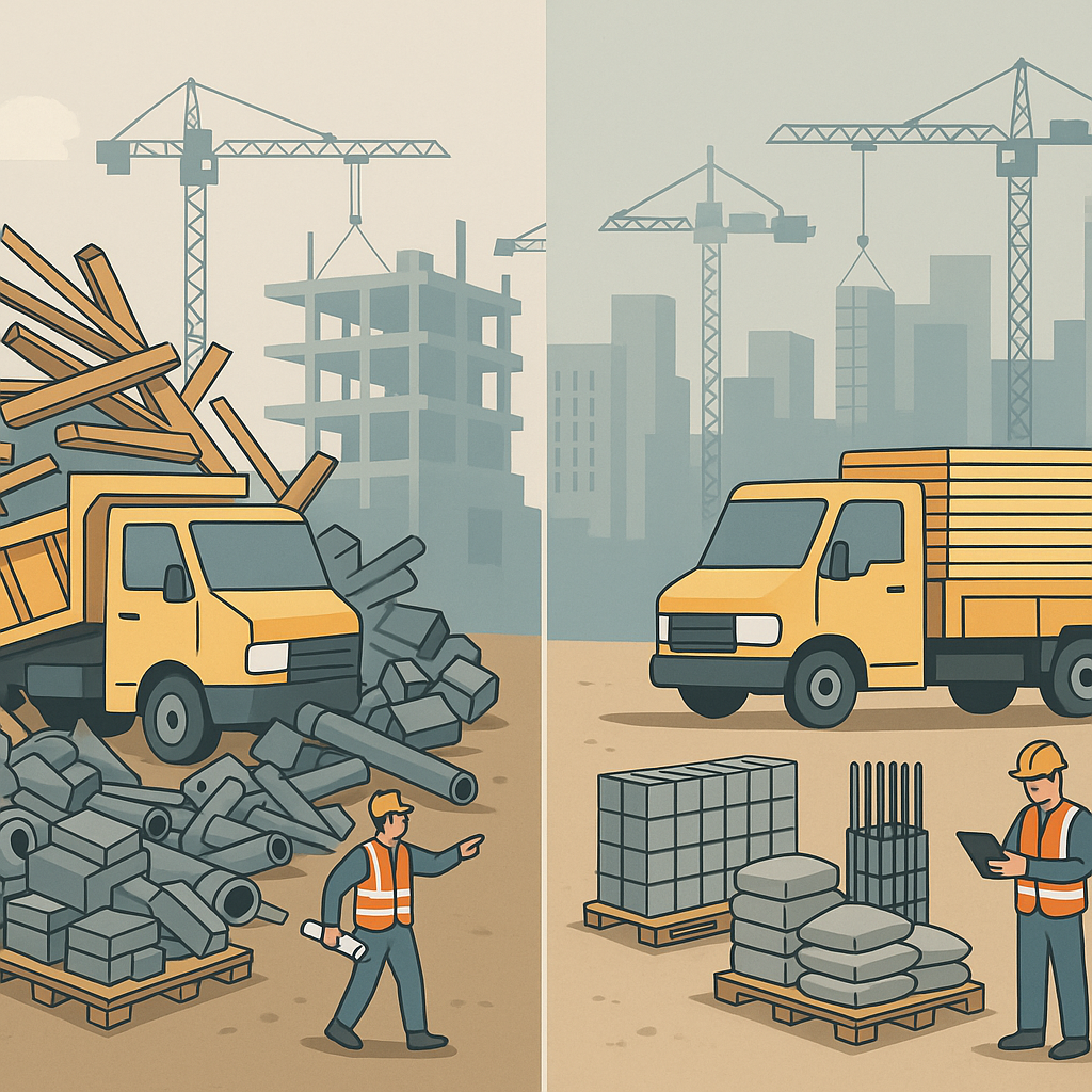 A detailed illustration showing a construction site with chaotic material deliveries on one side and an organized, strea...