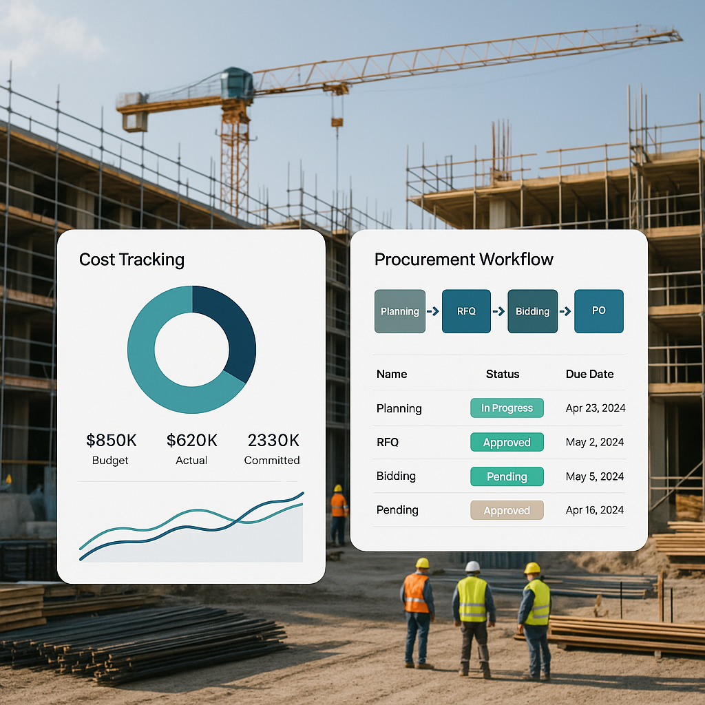 A construction site with AI-powered dashboards on screens, showing real-time cost tracking and procurement workflows.