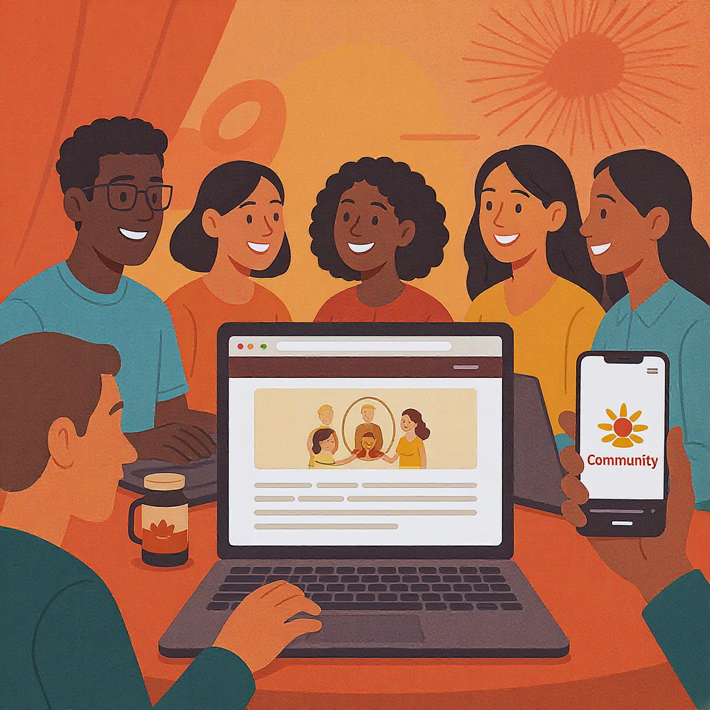An illustration of a diverse group of people at a cultural event, with laptops and smartphones showing a branded communi...