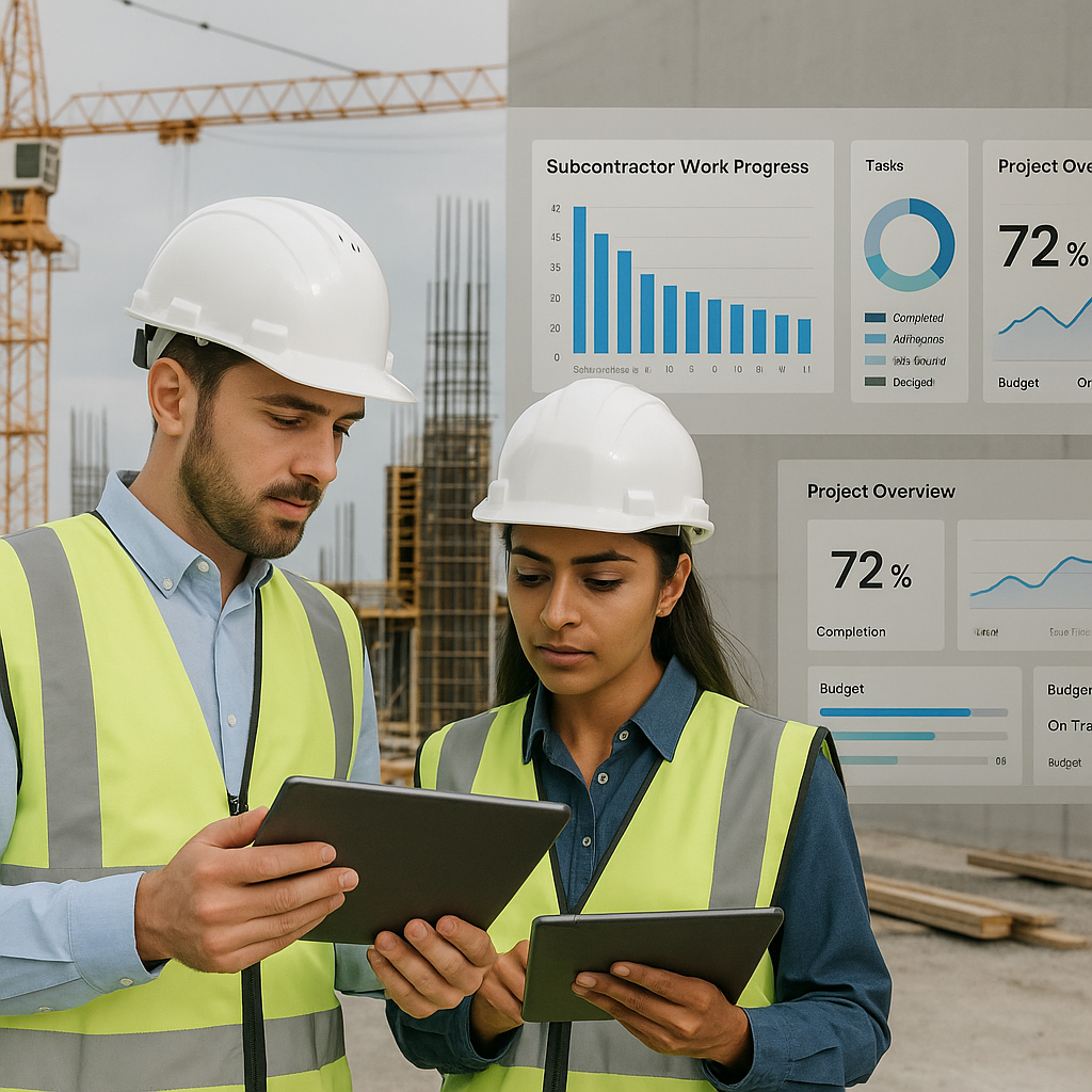 A construction site with engineers using tablets to monitor subcontractor work progress, with digital dashboards visible...