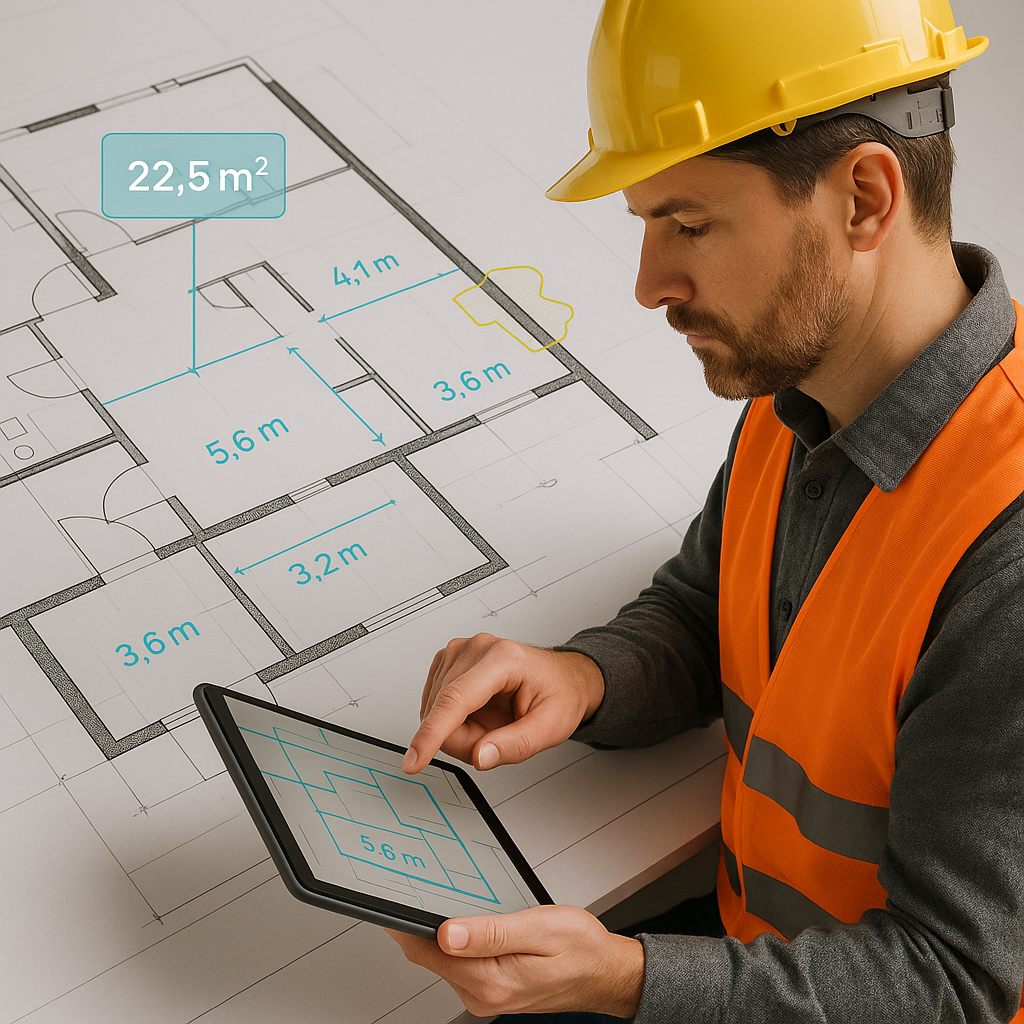 A construction estimator working on a tablet, with AI-overlay annotations on a blueprint. Include symbols like area meas...