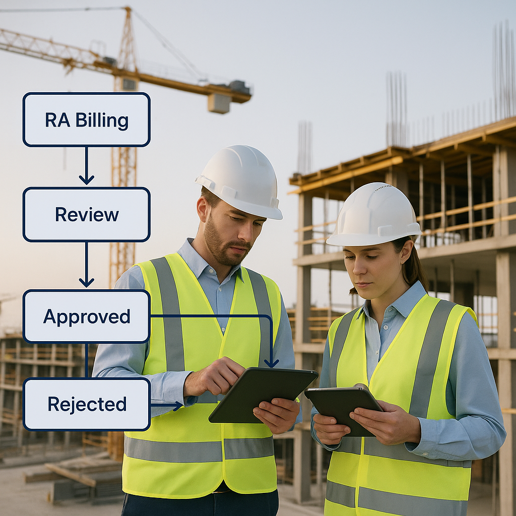 A construction site with engineers measuring progress using tablets, overlaid with a structured workflow diagram showing...