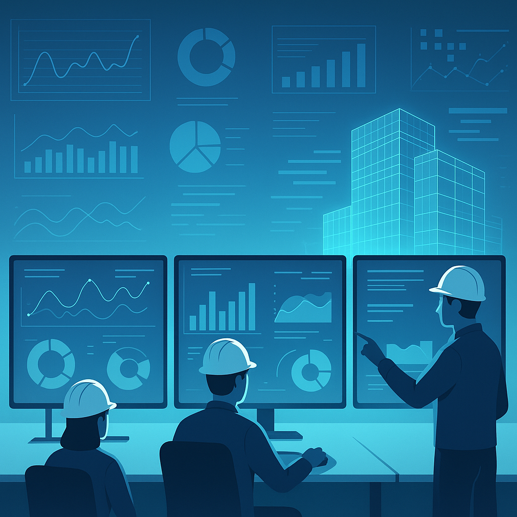 A futuristic rendering of construction estimators using AI-powered tools on large monitors, with overlay graphs and data...