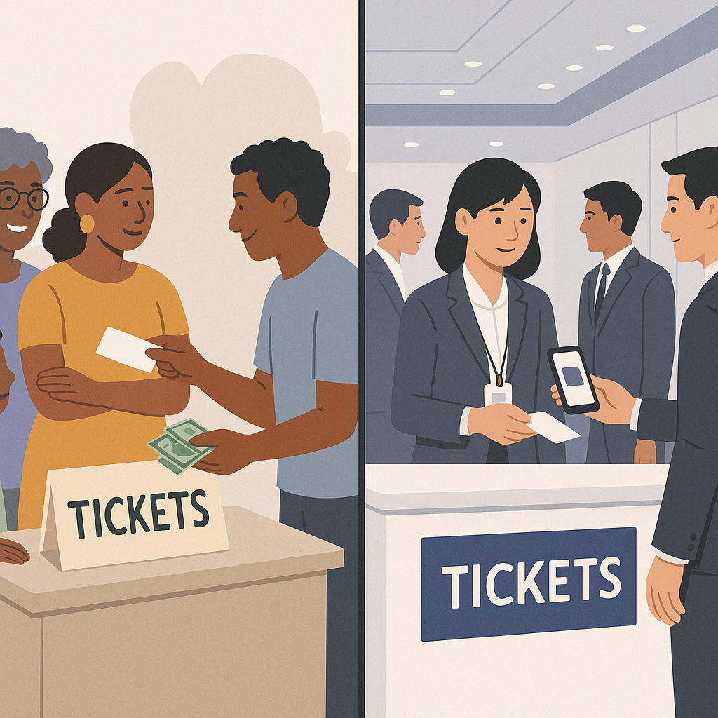 An illustration of a small community event with diverse attendees, featuring a simple ticketing setup (cash and mobile),...