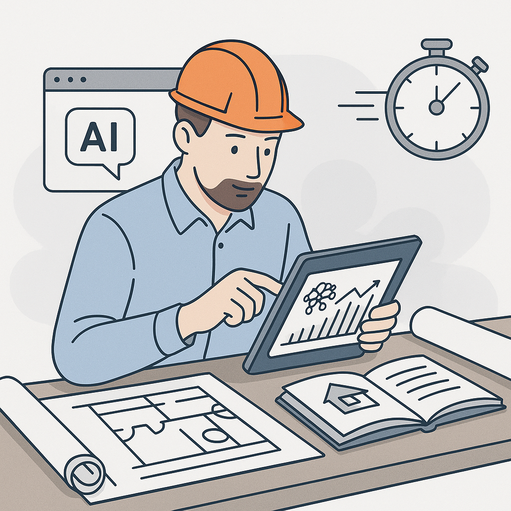 A construction estimator working on a tablet with AI-powered tools, surrounded by blueprints and catalogs, with a visibl...