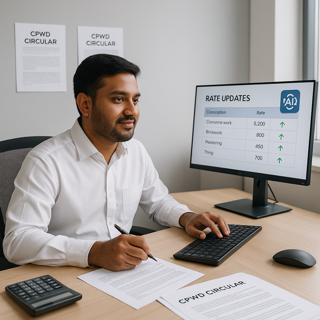 An AI-generated image of an Indian construction estimator in an office with CPWD circulars and a computer screen showing...