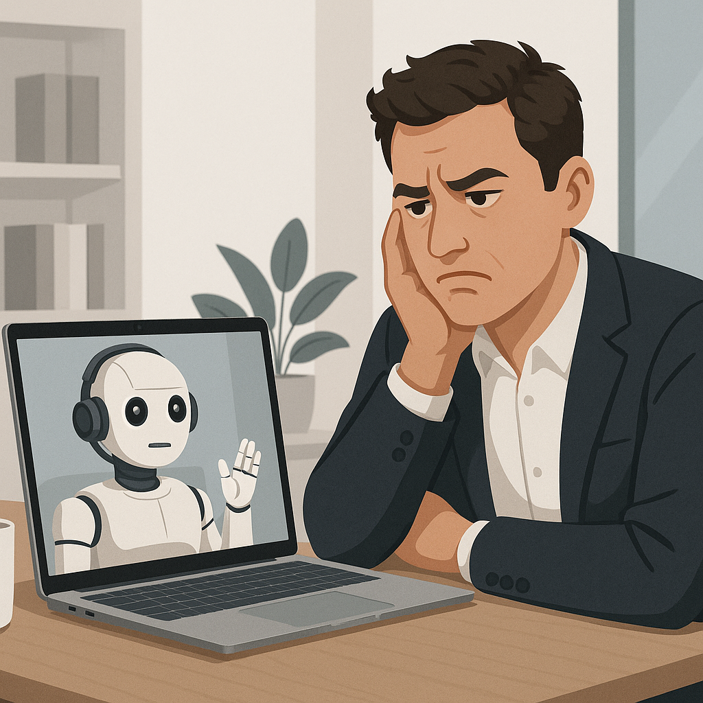 A frustrated job seeker sitting at a desk with a laptop, a robotic interviewer on the screen, and a skeptical expression...
