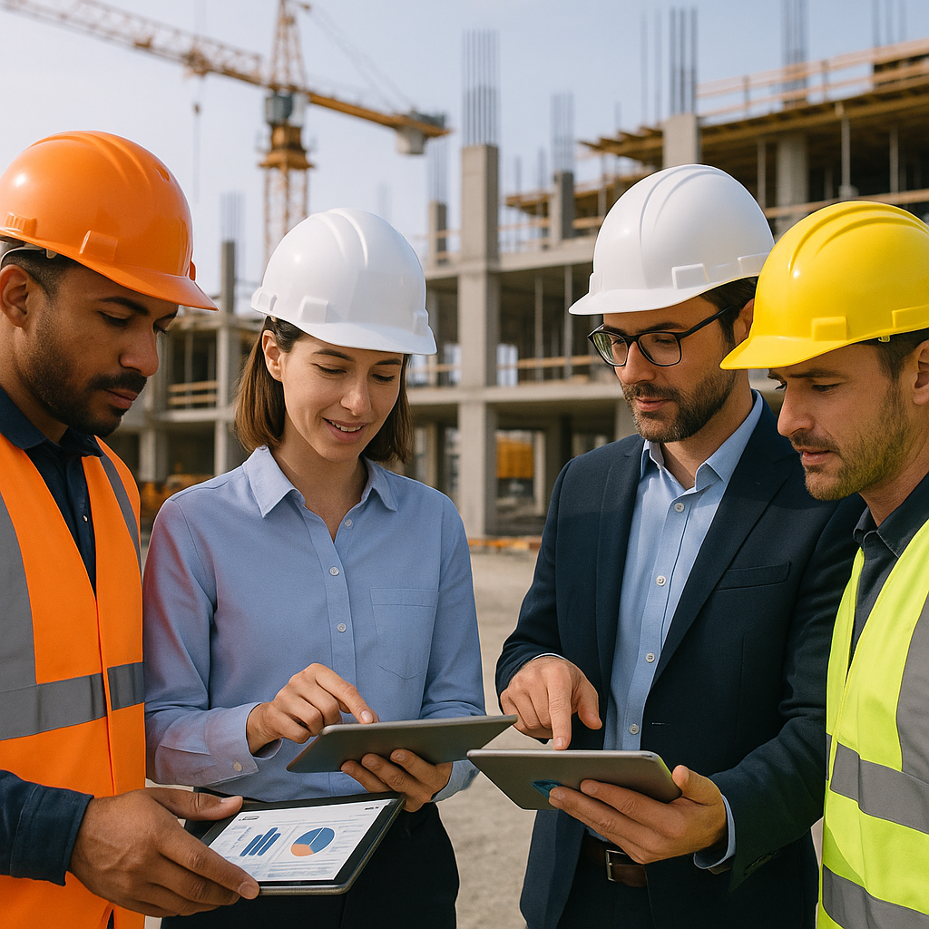 A construction site with workers and engineers reviewing digital progress reports on tablets, showing structured workflo...