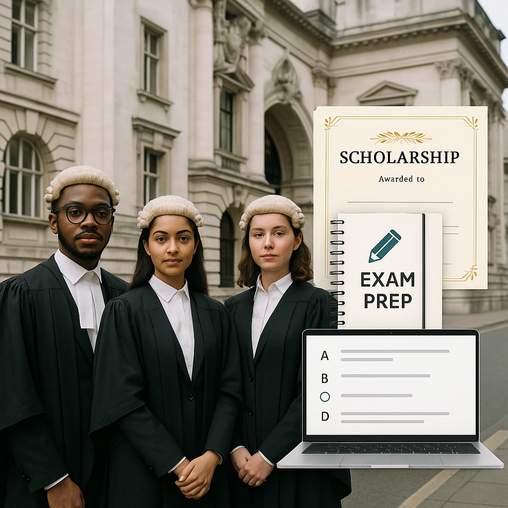 A diverse group of young barristers in courtroom attire, standing in front of a London courthouse, with an overlay of sc...