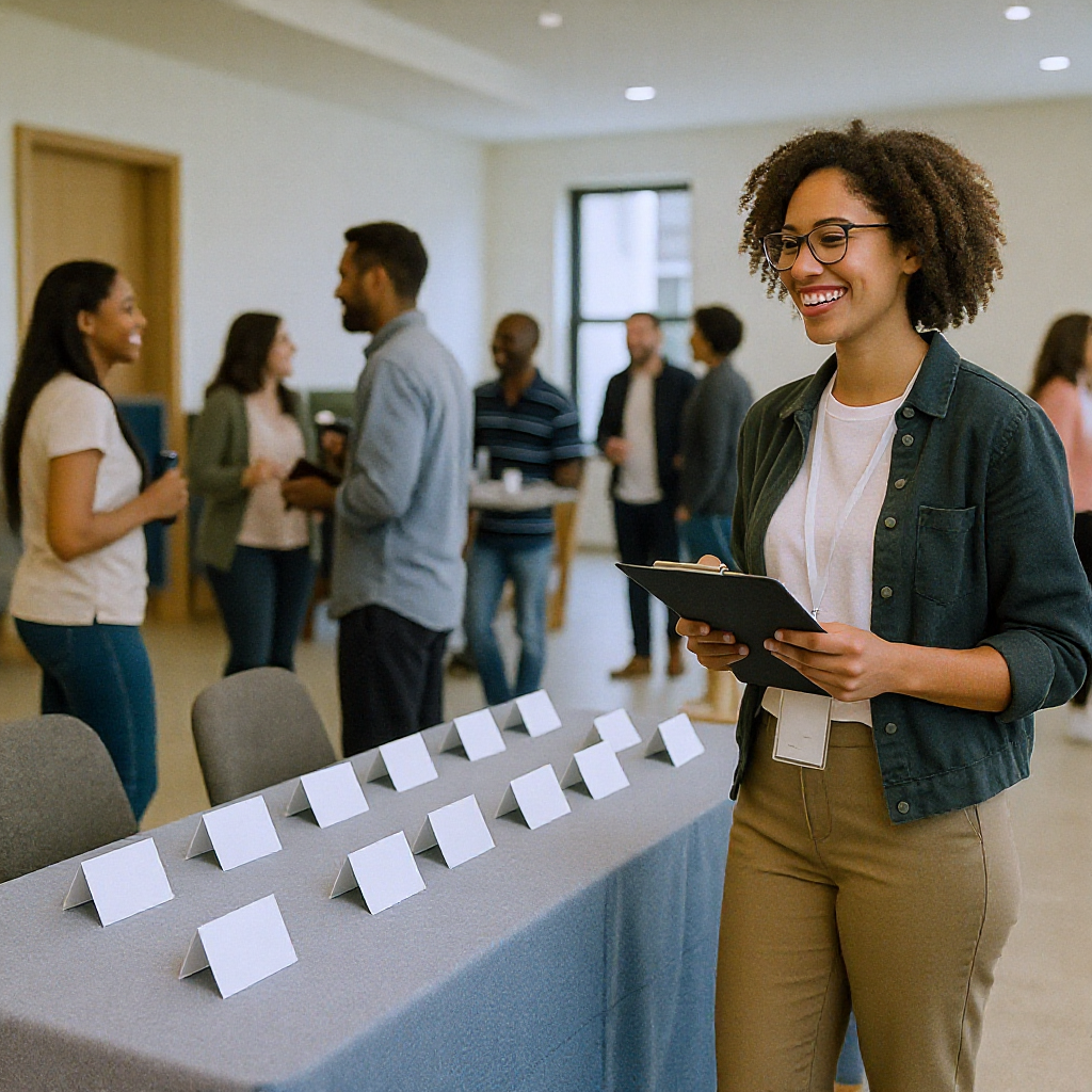 A friendly community event setup: tables with name tags, a volunteer holding a clipboard, and people chatting in a welco...