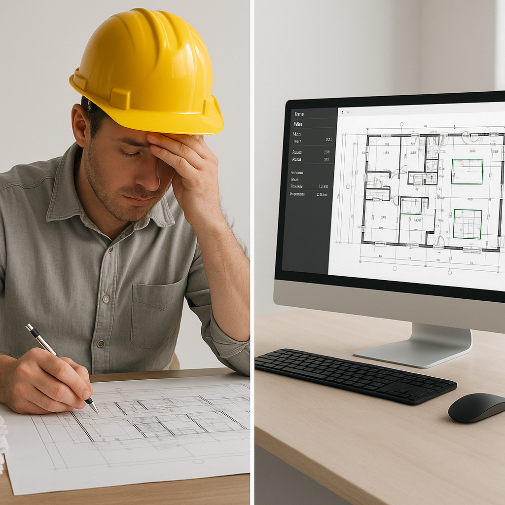 A split-screen image showing an exhausted contractor working on manual takeoffs with stacks of paper, contrasted with an...