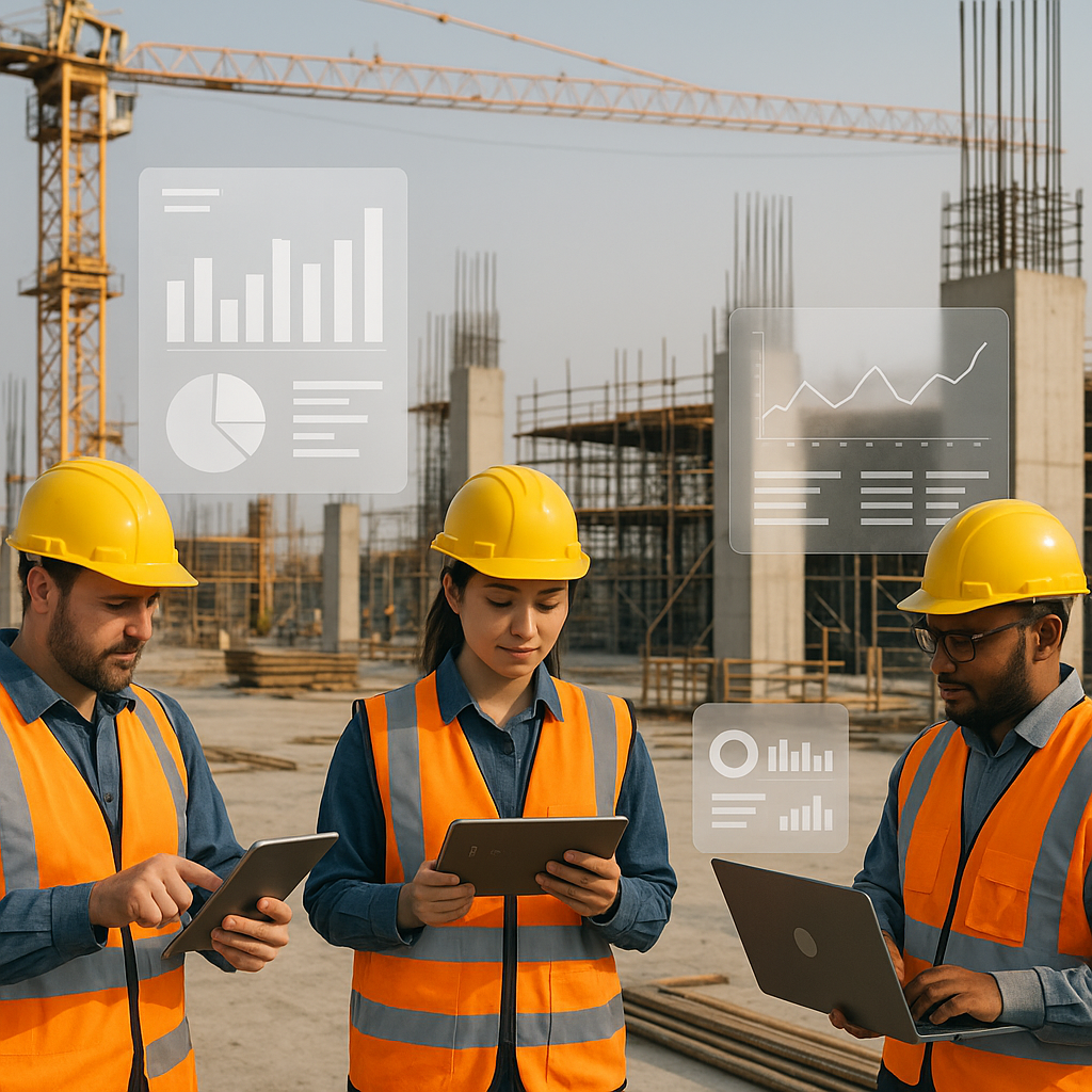 A construction site with workers using tablets and laptops, showing data dashboards overlayed on the image, symbolizing...