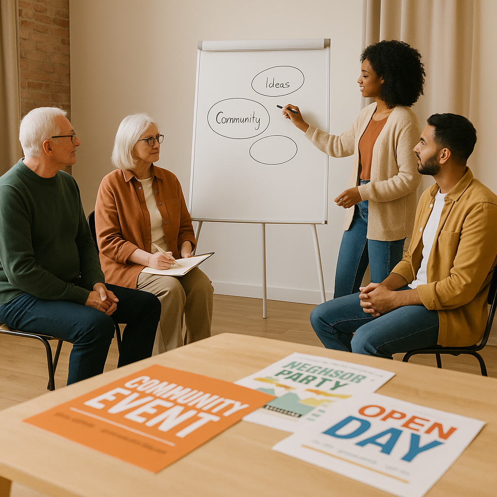 A small community group meeting in a cozy hall, diverse people brainstorming ideas on a whiteboard, with event flyers on...