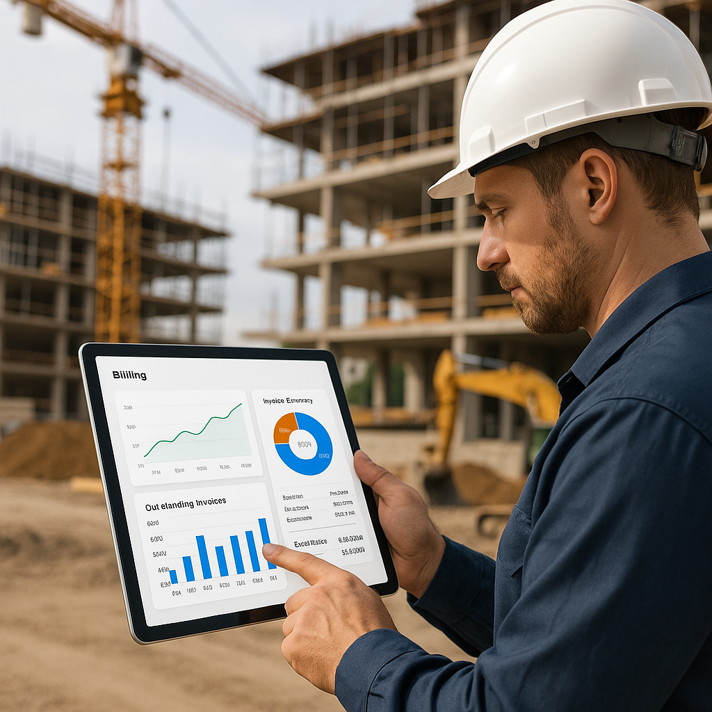 A contractor reviewing real-time billing dashboards on a tablet, with construction site visuals in the background. Inclu...