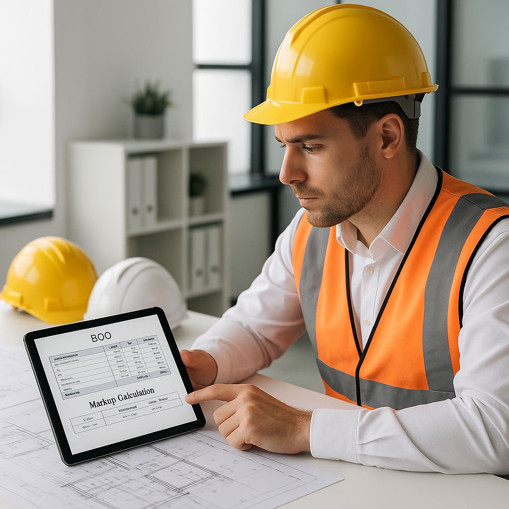 A construction project manager reviewing a tablet with a clear BOQ and markup calculation displayed, surrounded by bluep...