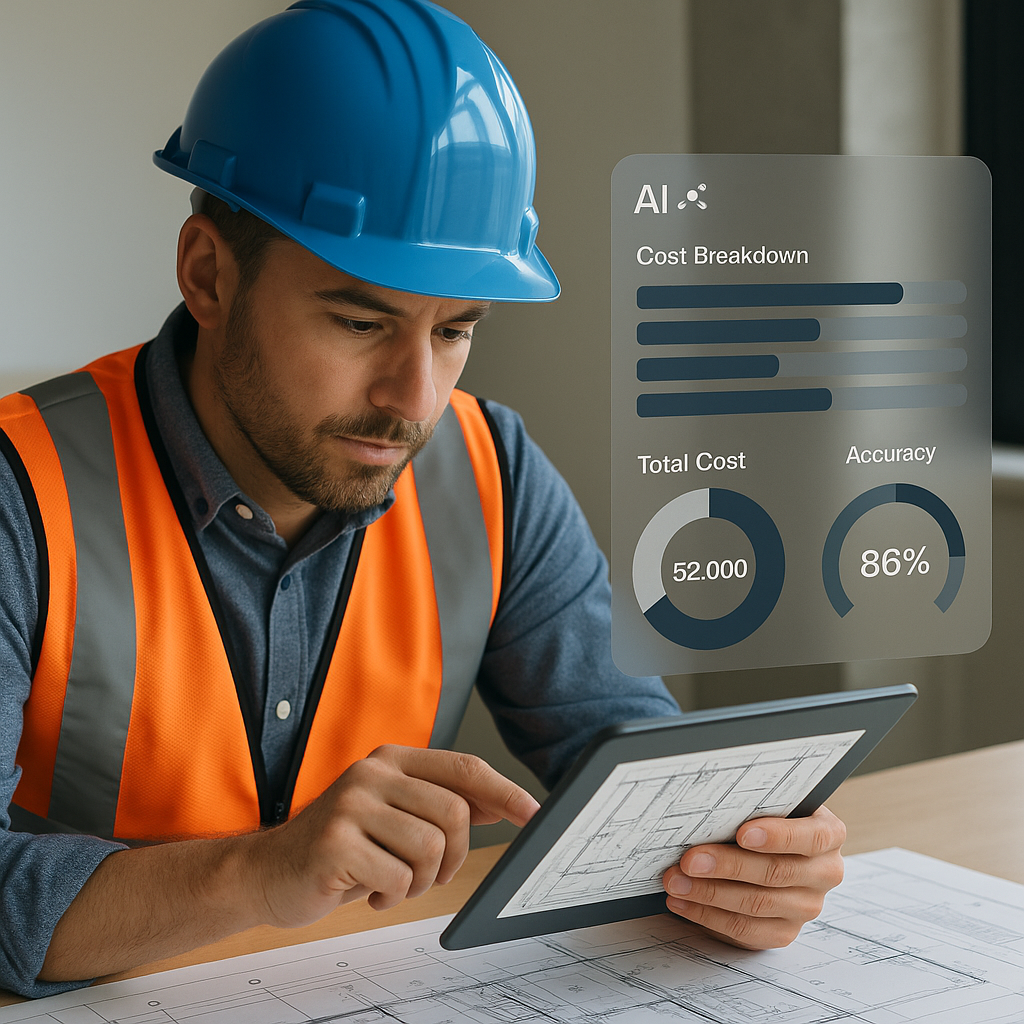 A construction estimator reviewing a detailed blueprint on a tablet, with an AI dashboard overlay showing cost breakdown...