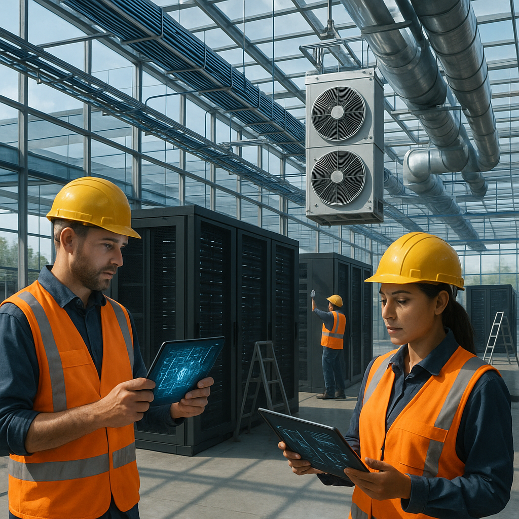 A futuristic data center under construction, with workers using AI-powered tablets and massive HVAC systems being instal...