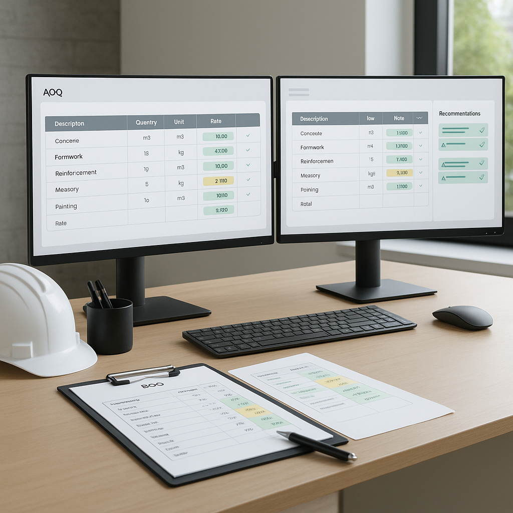 A detailed image of a construction estimator's desk with dual monitors showing an AI-powered rate matching tool. Include...