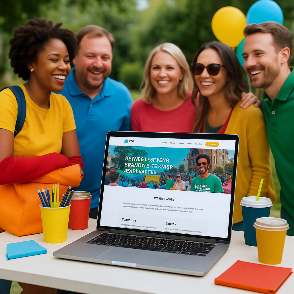 A small community group hosting an event outdoors, with a laptop displaying a custom branded event website. Vibrant colo...