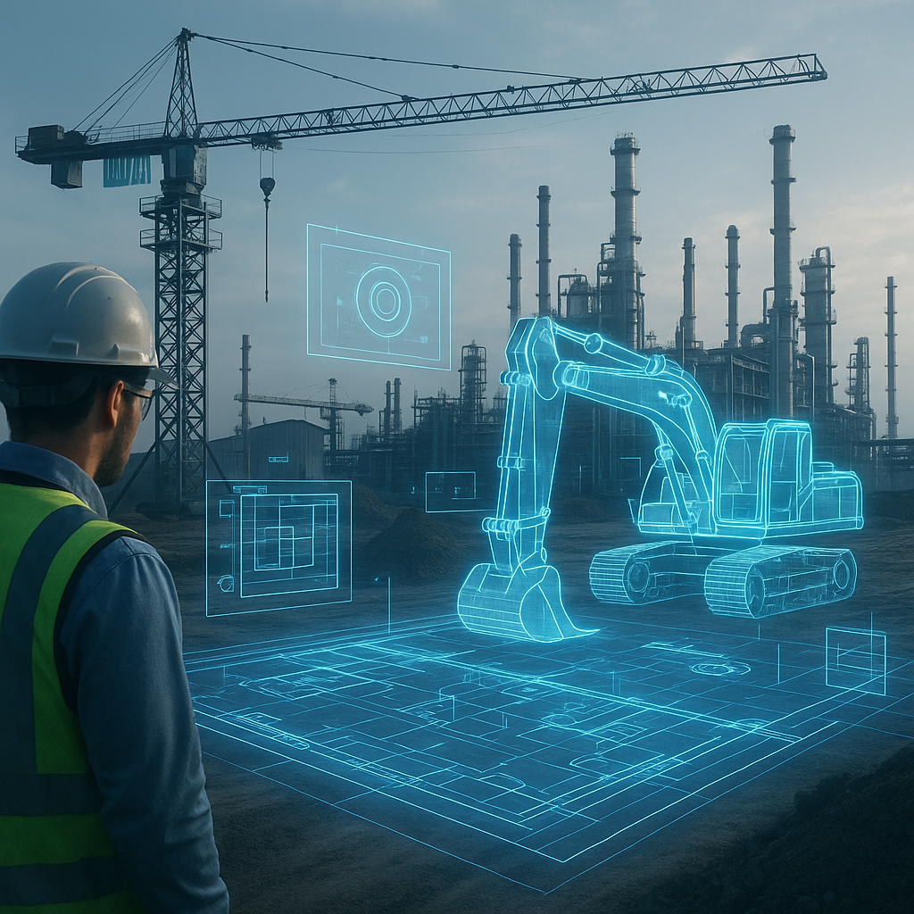 A futuristic construction site in Indiana with AI holograms overlaying blueprints and machinery. Industrial plants under...