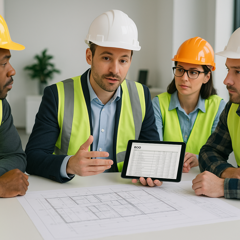 An interior fit-out contractor leading a pre-construction meeting with a digital tablet displaying a BOQ, surrounded by...