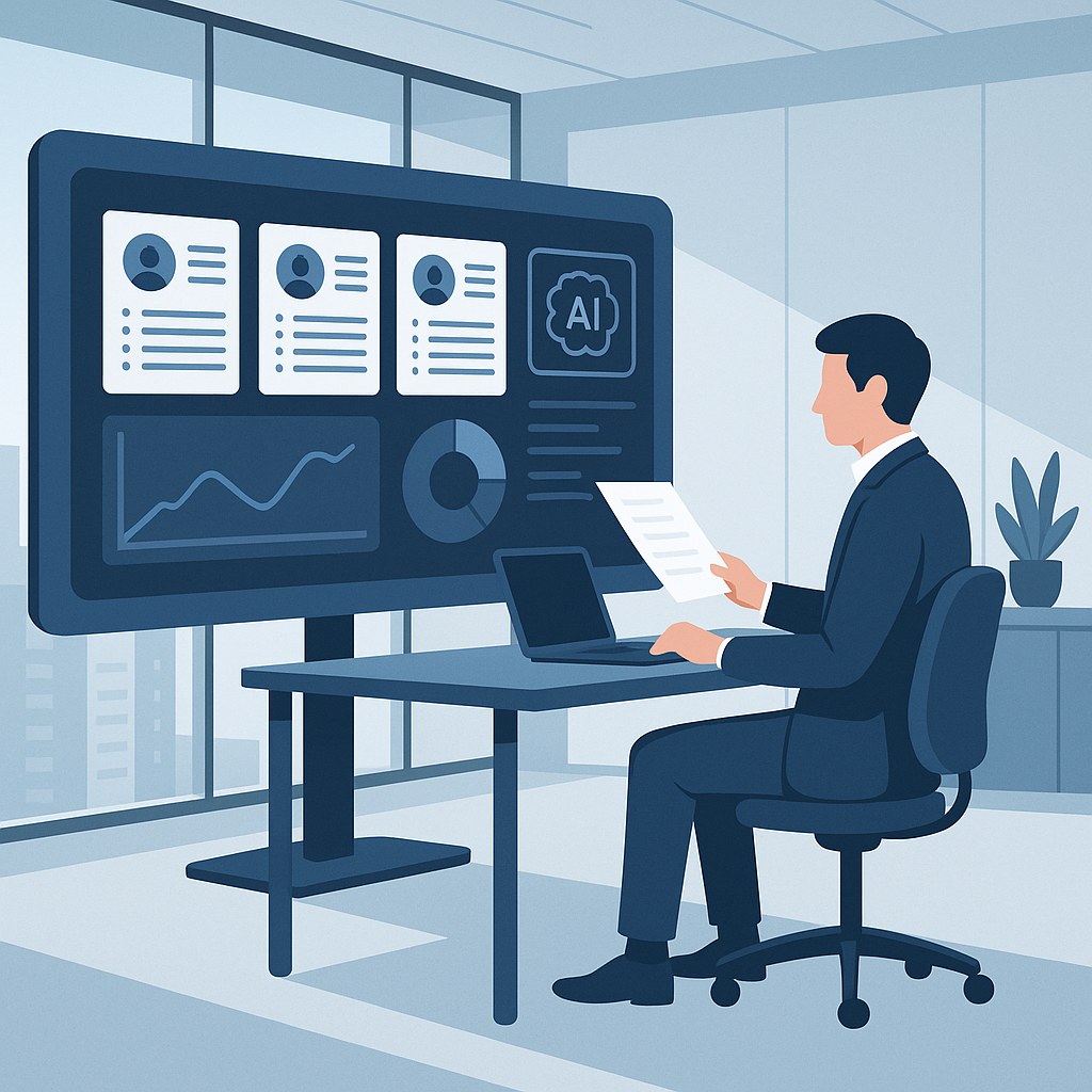A futuristic office setting with an AI-powered dashboard analyzing resumes, while a recruiter sits nearby reviewing resu...