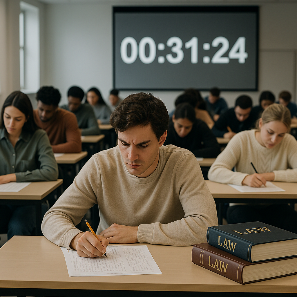 A tense exam hall with students taking a timed multiple-choice test, a large countdown timer displayed, and a focused st...