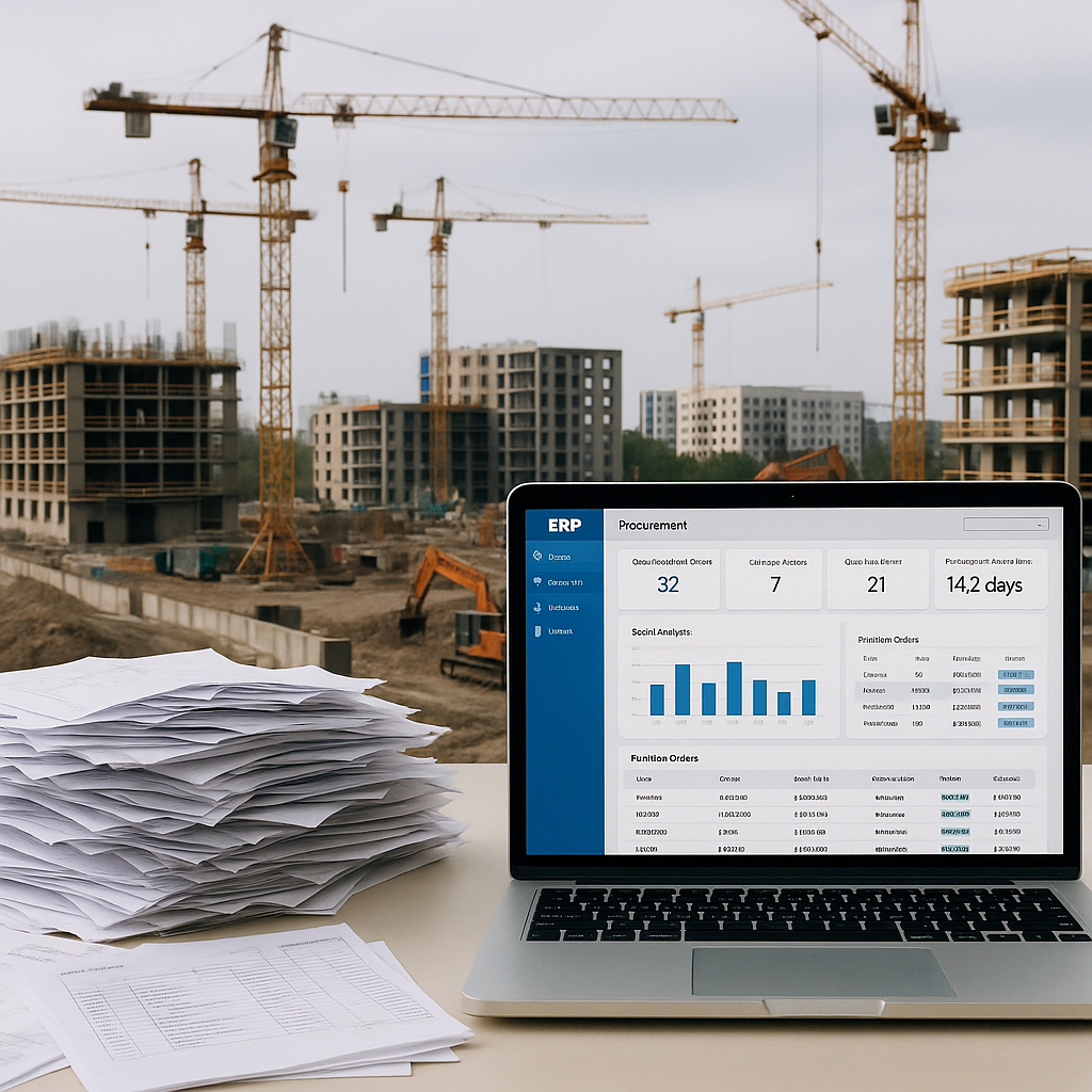 A multi-site construction project with a chaotic desk full of paper purchase orders and a laptop displaying a clear, org...