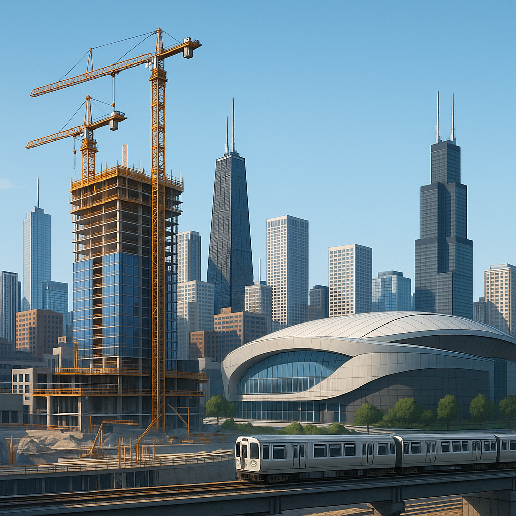A detailed rendering of Chicago's skyline with construction cranes, a new entertainment venue, and a metro extension pro...