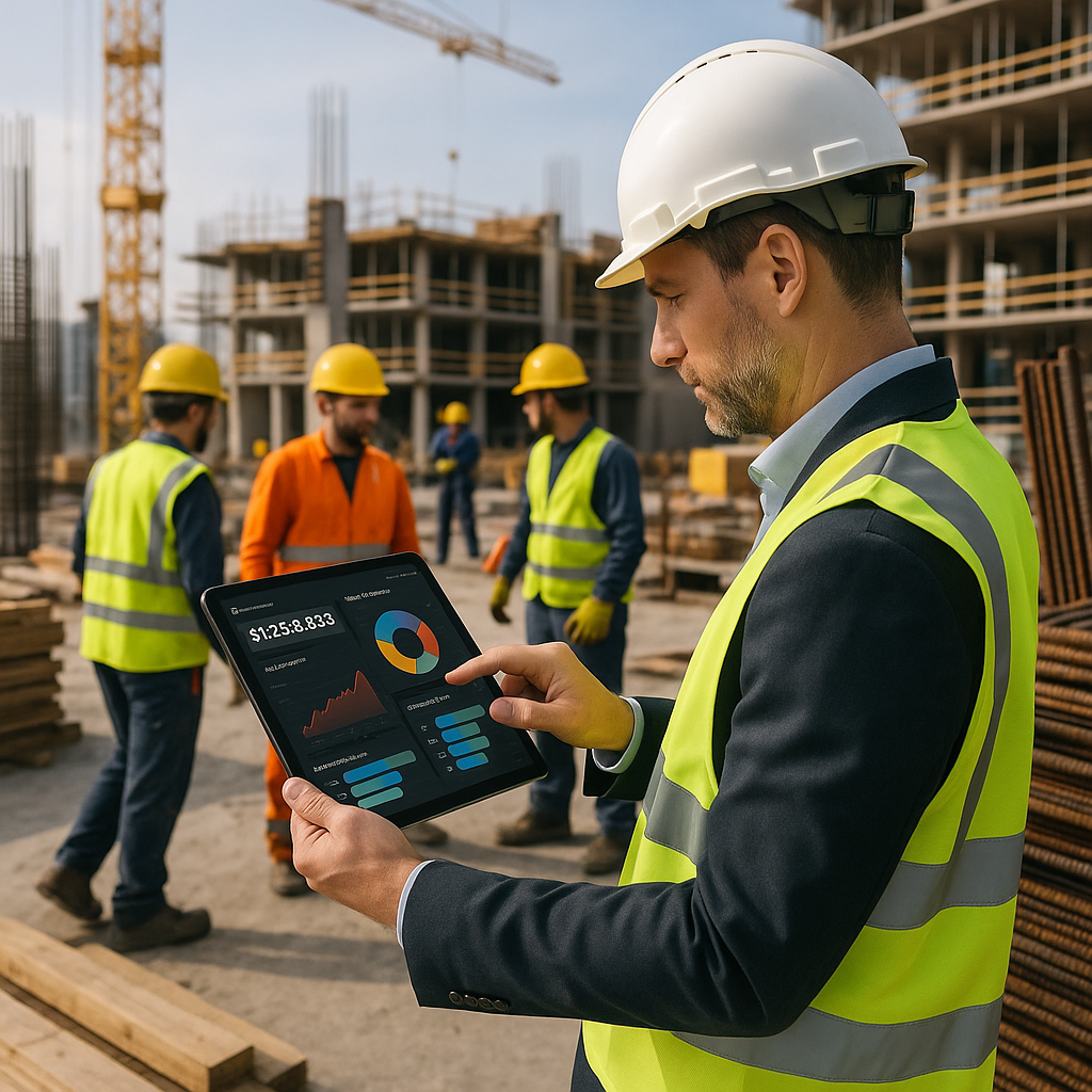 A construction site with a manager reviewing real-time cost dashboards on a tablet, surrounded by workers and materials.