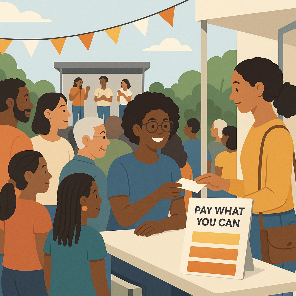 A grassroots community event with a diverse audience, featuring a ticketing booth displaying 'Pay What You Can' options....