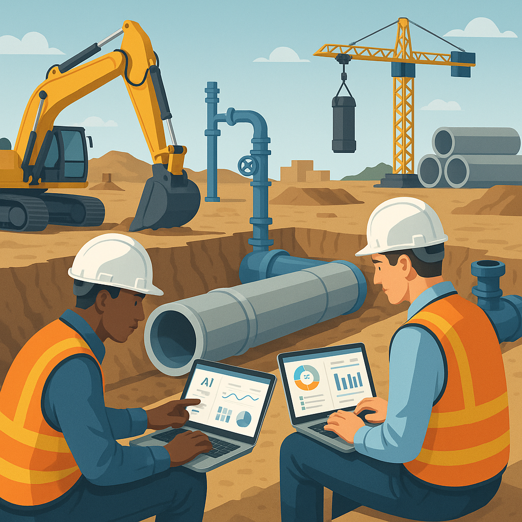 A detailed rendering of a construction site for a water infrastructure project, featuring pipes, excavation equipment, a...