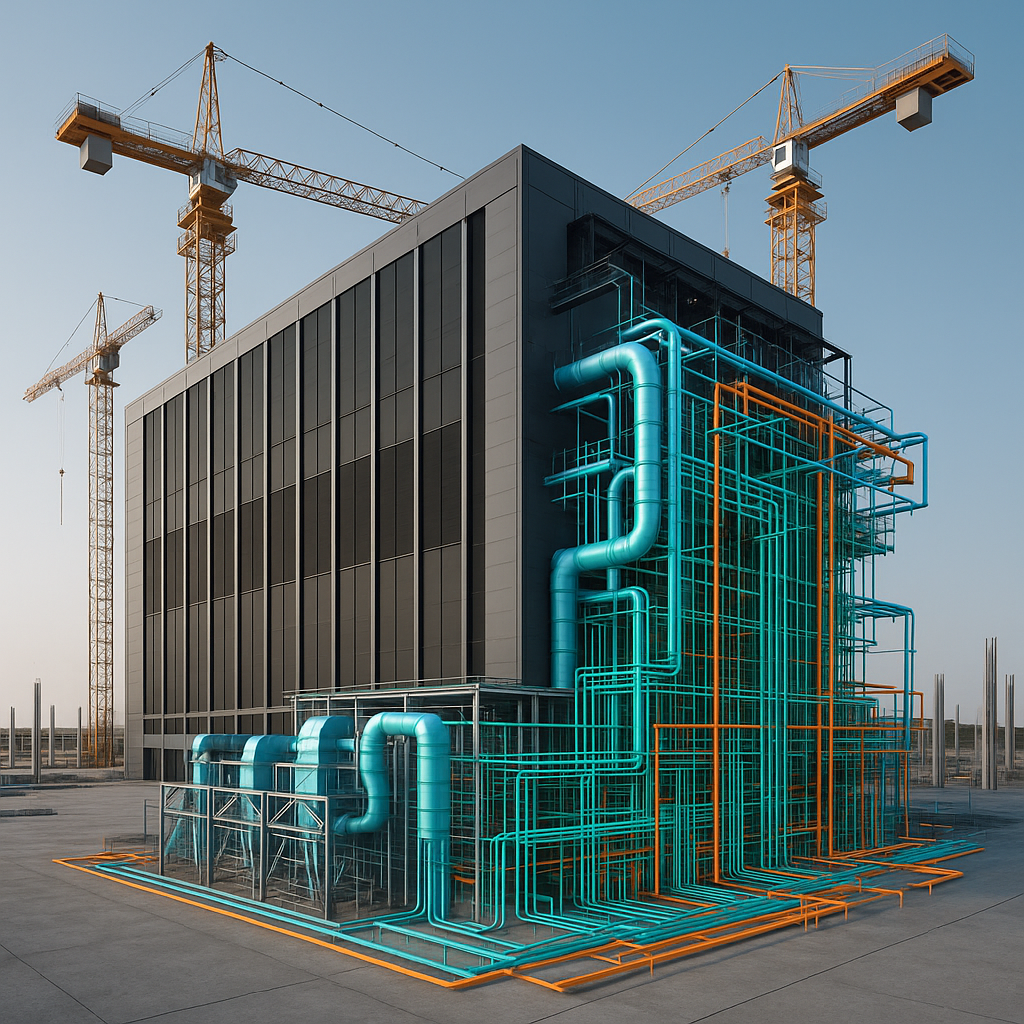 A futuristic data center construction site with cranes and MEP systems highlighted, showcasing complexity and scale, und...
