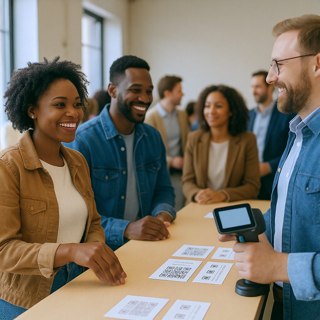 A diverse group of attendees at a community event, smiling and interacting at ticket counters, with a professional QR co...