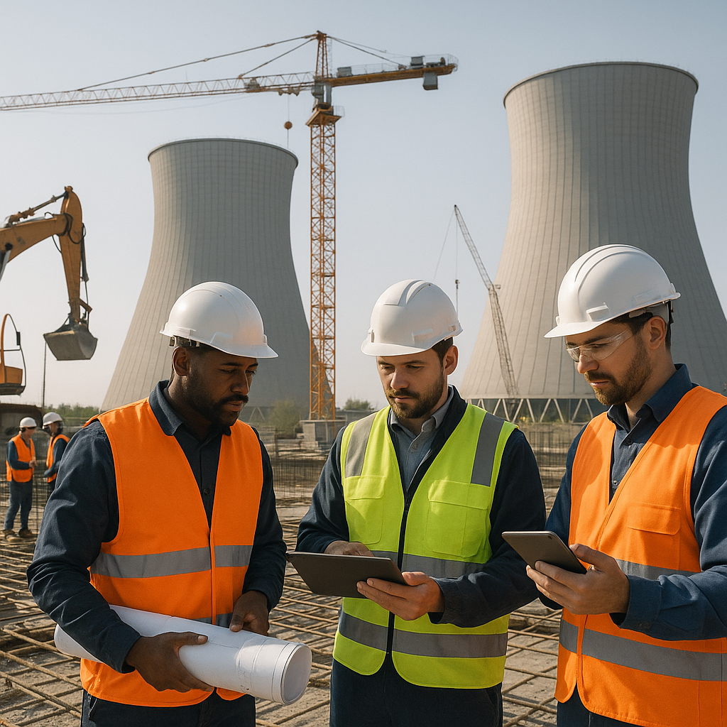 A realistic depiction of a construction site for a nuclear power plant, with workers in safety gear and digital tools (l...