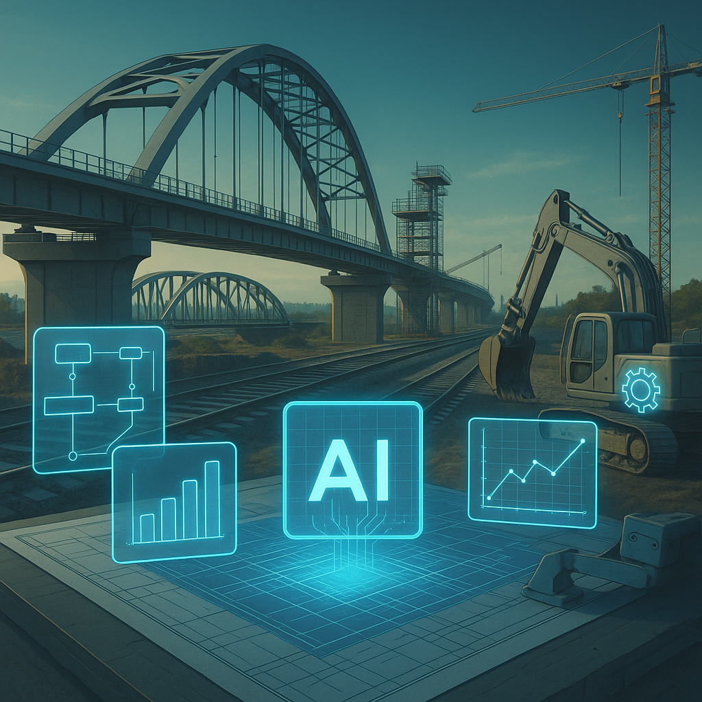 A digital rendering of a futuristic rail bridge under construction, with AI-powered tools visualized as holographic over...