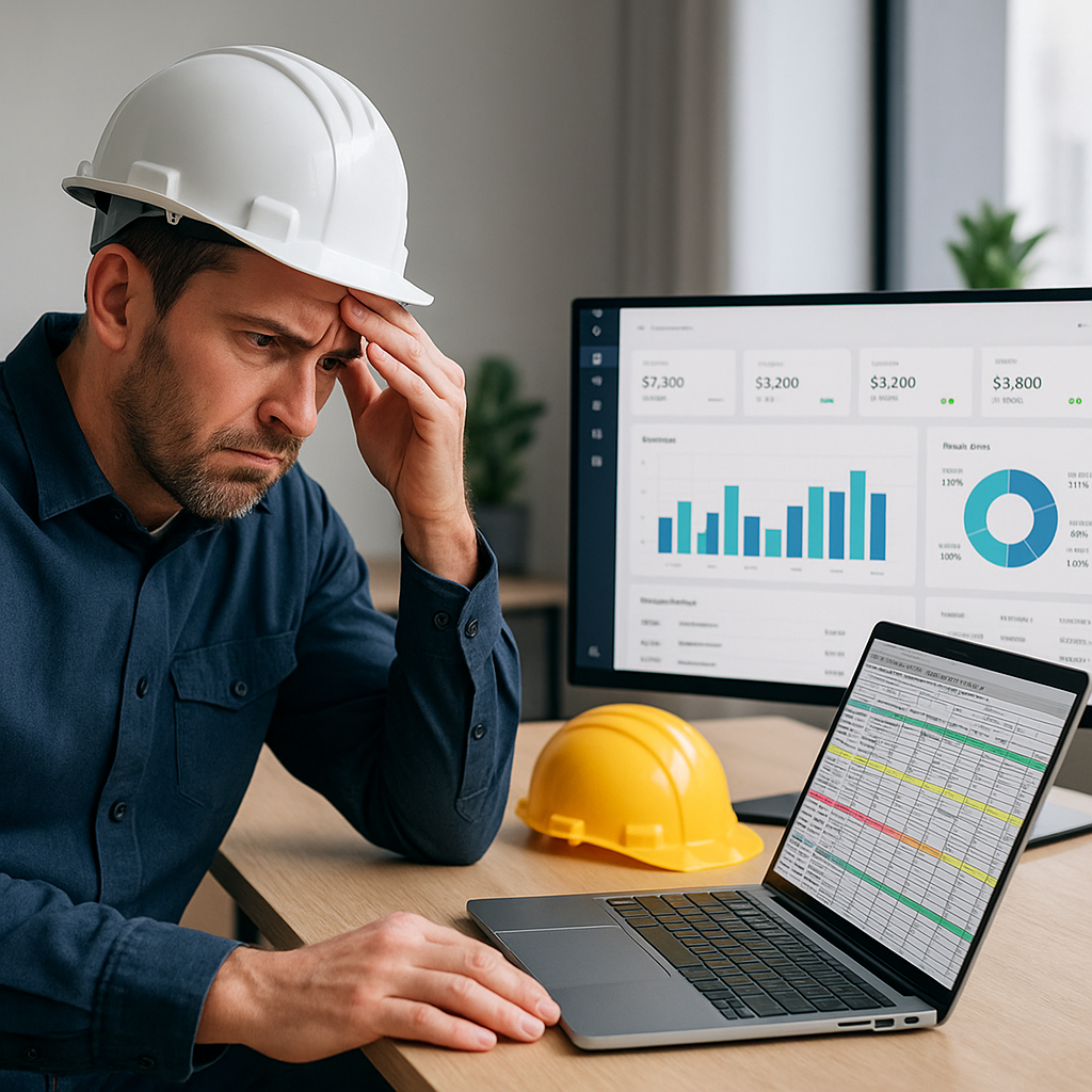 A frustrated contractor looking at a laptop with messy subcontractor spreadsheets, juxtaposed with a clean, modern ERP d...