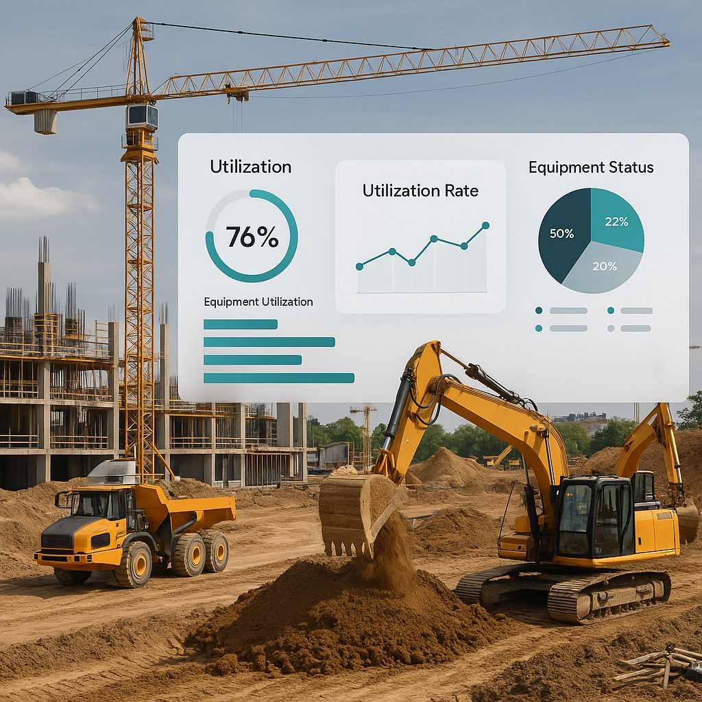 A construction site with heavy machinery (cranes, backhoes, etc.) in use, overlaid with digital dashboards showing equip...