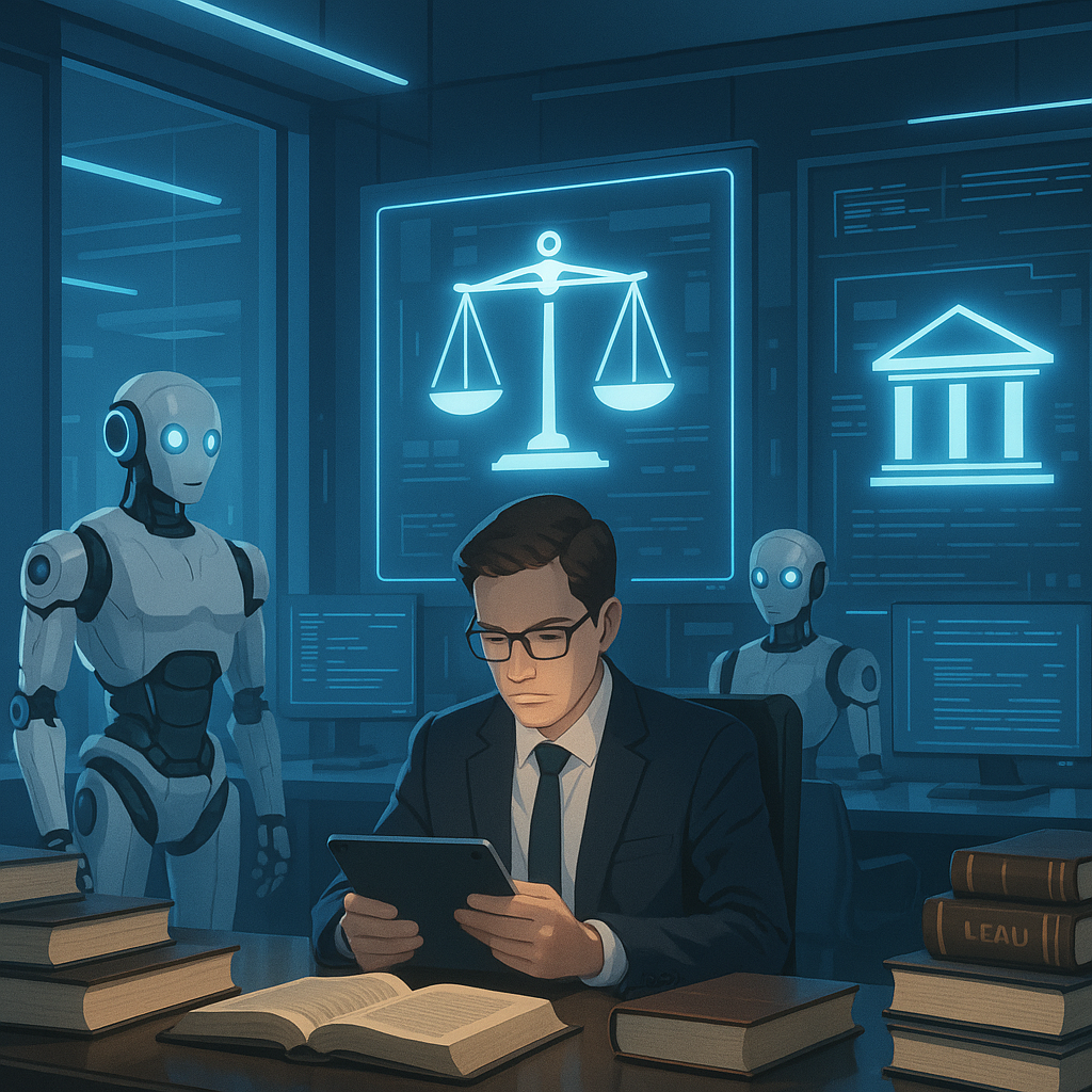 An AI-generated image of a futuristic law firm office with glowing screens, robotic assistants, and a young solicitor st...