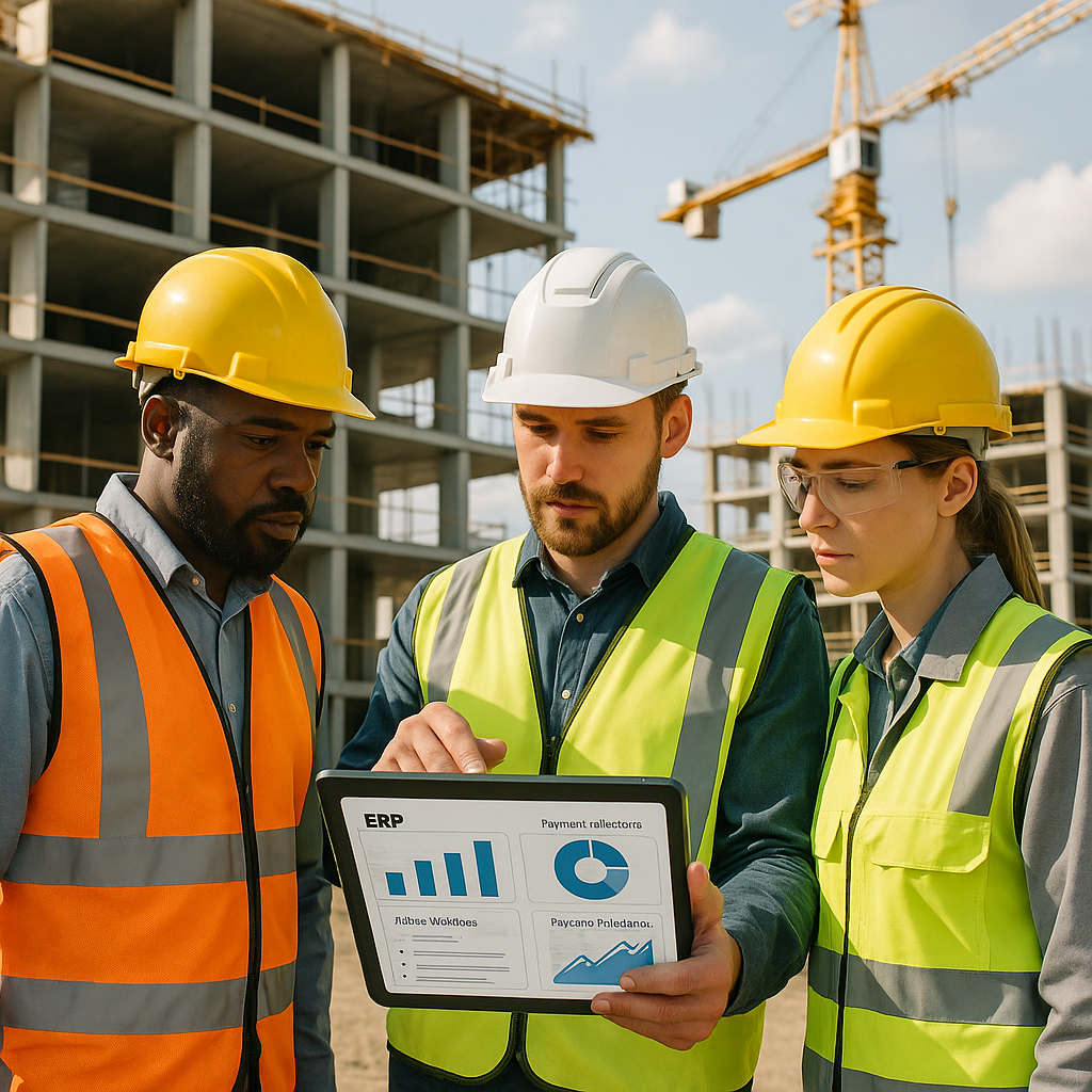A construction site with workers reviewing project progress on a tablet showing ERP dashboards, emphasizing billing work...