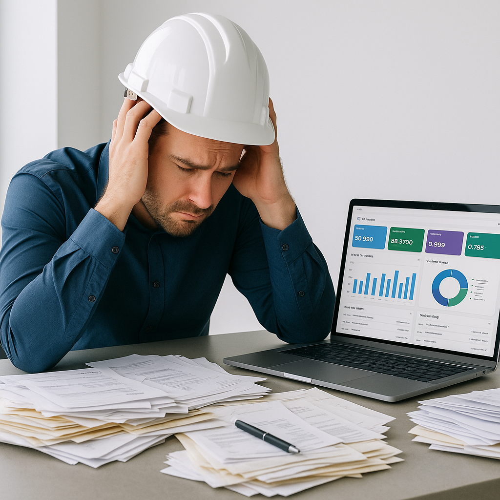 A frustrated contractor sitting in front of a chaotic desk with piles of paper invoices and a laptop showing a cloud-bas...